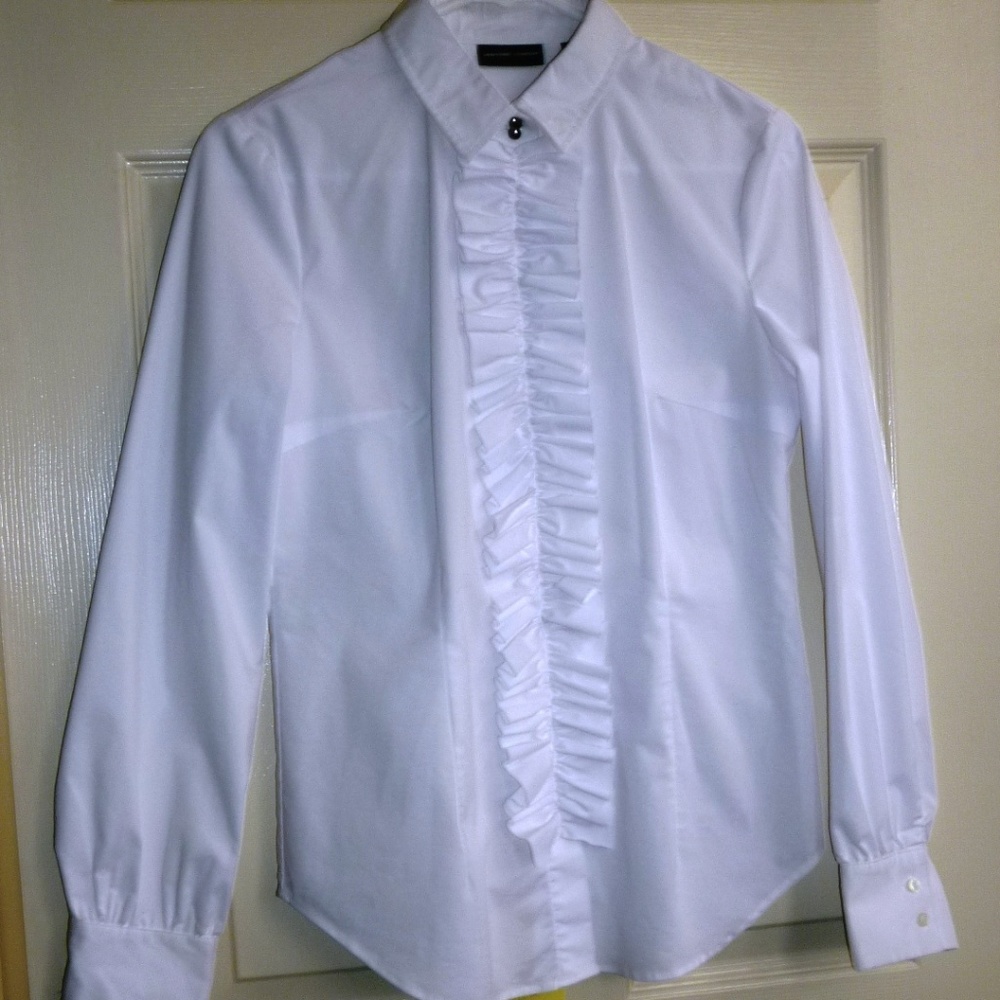 New York & Company White Ruffle Button Down Shirt